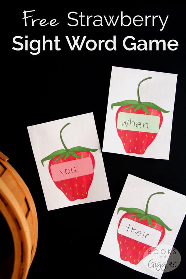 An active sight word game where kids pretend to go strawberry picking. Includes free printable game cards, plus links to more strawberry themed resources.
