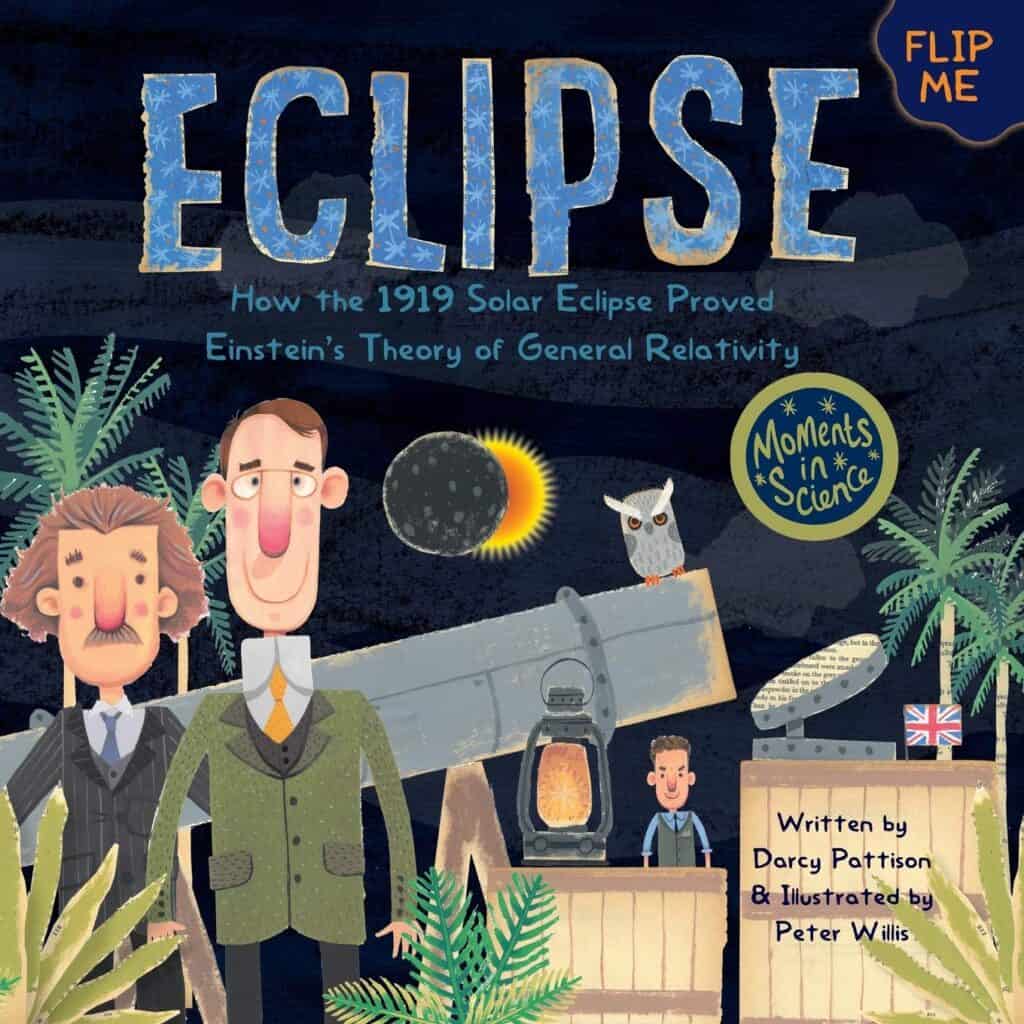 book cover with cartoonish scientists, telescope and eclipse.