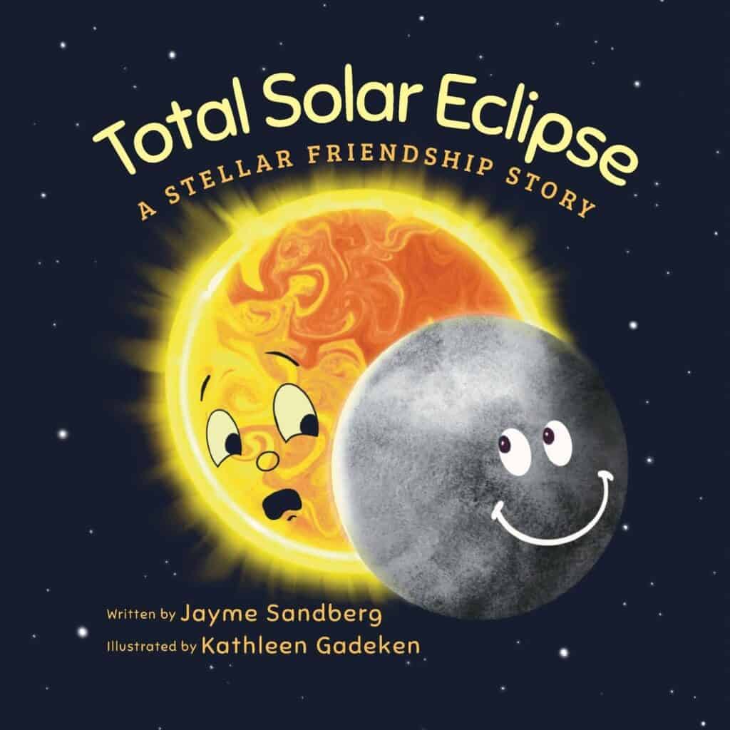 Total Solar Eclipse book cover with cartoon sun and moon