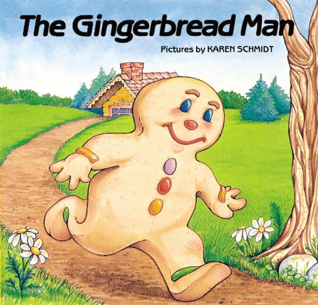 Gingerbread Man book cover featuring a smiling gingerbread man running down a path
