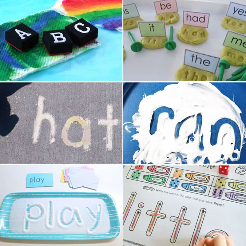 A photo collage showing how to build sight words using different materials.