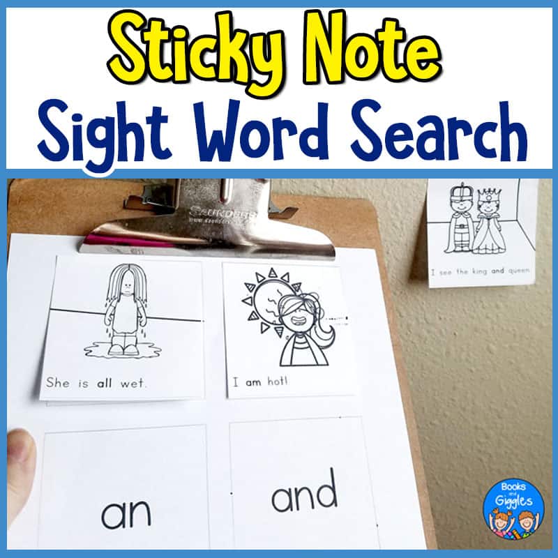 A clipboard with sight word scavenger hunt sticky notes.