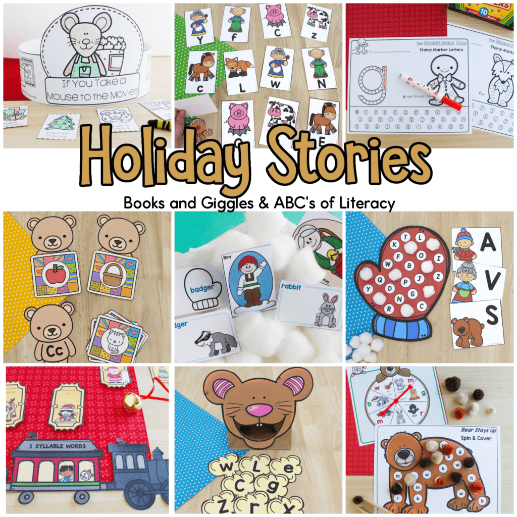 collage of activities for Holiday Stories week
