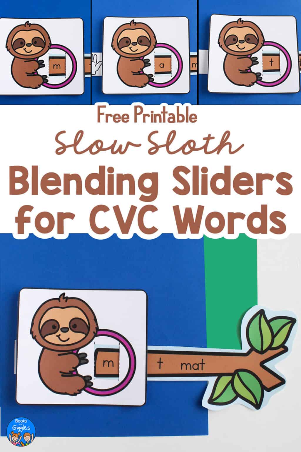 Free printable "Slow Sloth" Blending Sliders for CVC Words shown in successive positions as a word is sounded out.