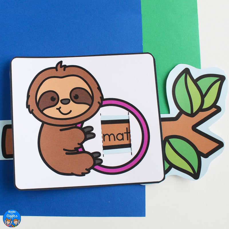 zoo blending slider with sloth showing full word "mat"