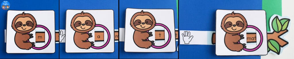 collage showing the sloth blending slider stopped at each letter of the CVC word "mat"